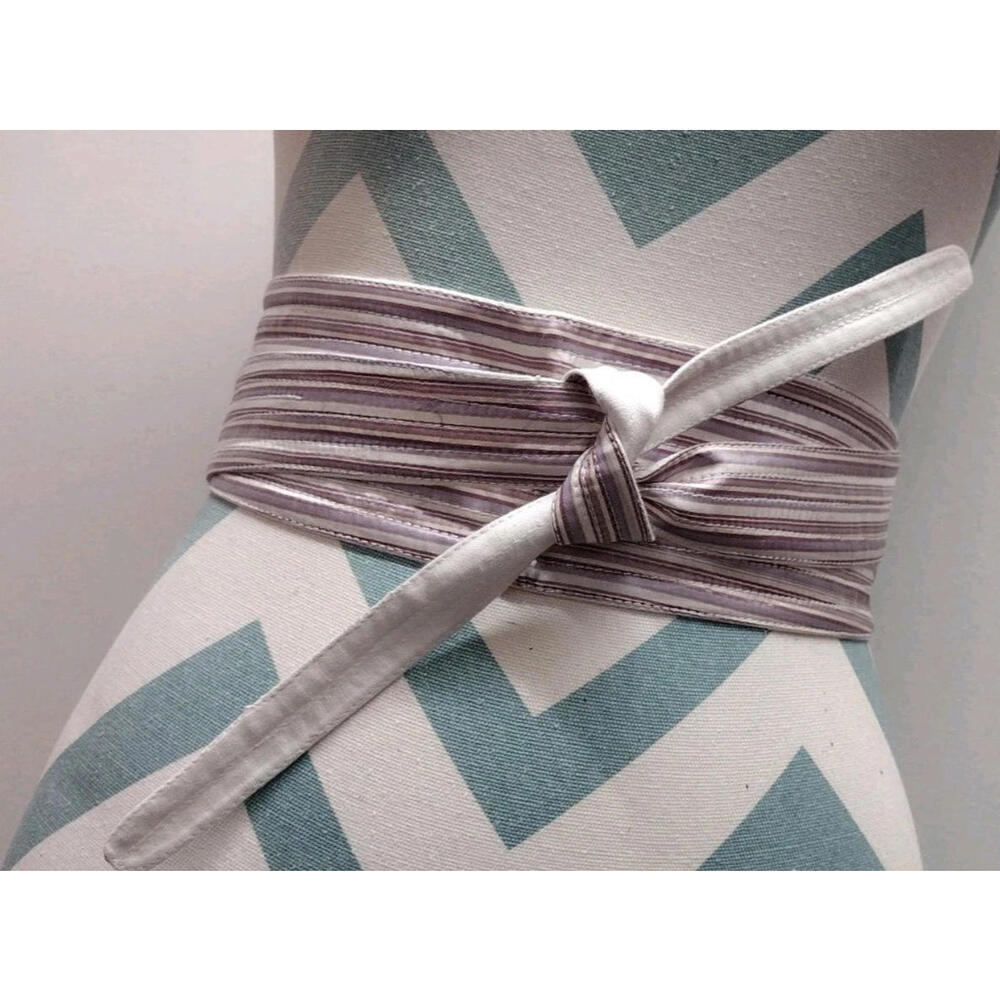 Vintage Striped Sash Silk Belt Gray White Obi Wrap Boho Hippie Era DEADSTOCK